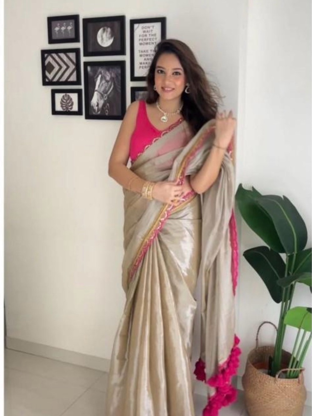 Beige Tissue Saree with Hot Pink Blouse and Trim